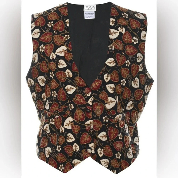 Halsey Jackets & Blazers - Halsey Collection Black Beaded Autumn Leaf Vest Size L - NWT